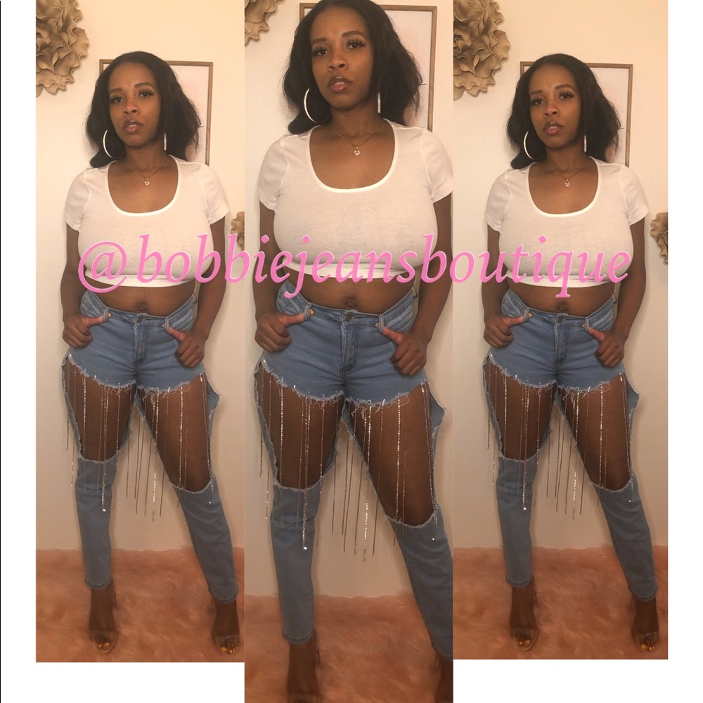 Ripped fringe rhinestone jeans